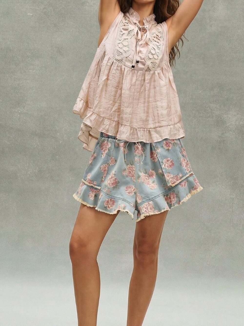 Light Wash Boho Women's Tie-Waist Floral Denim Skorts - Picture 3 of 6